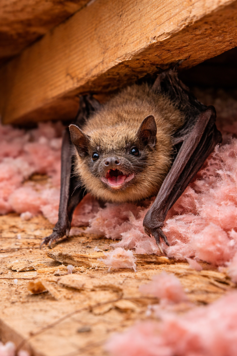 A bat in an attic surrounded by insulation.