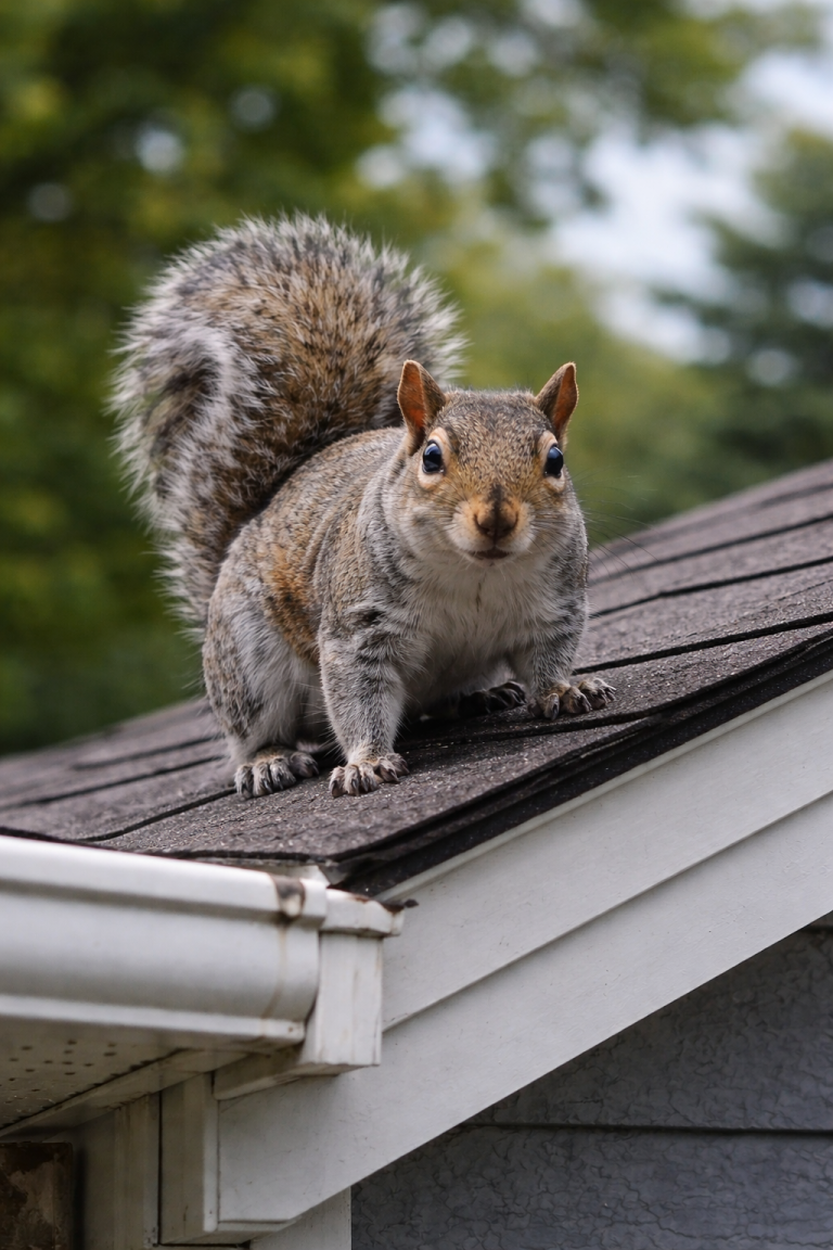 A squirrel on the roofline of a house.