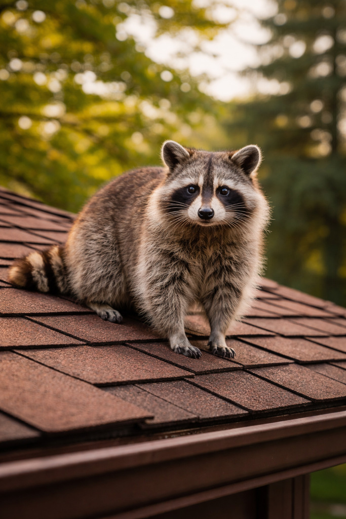 A raccoon stands on the roof of a house.