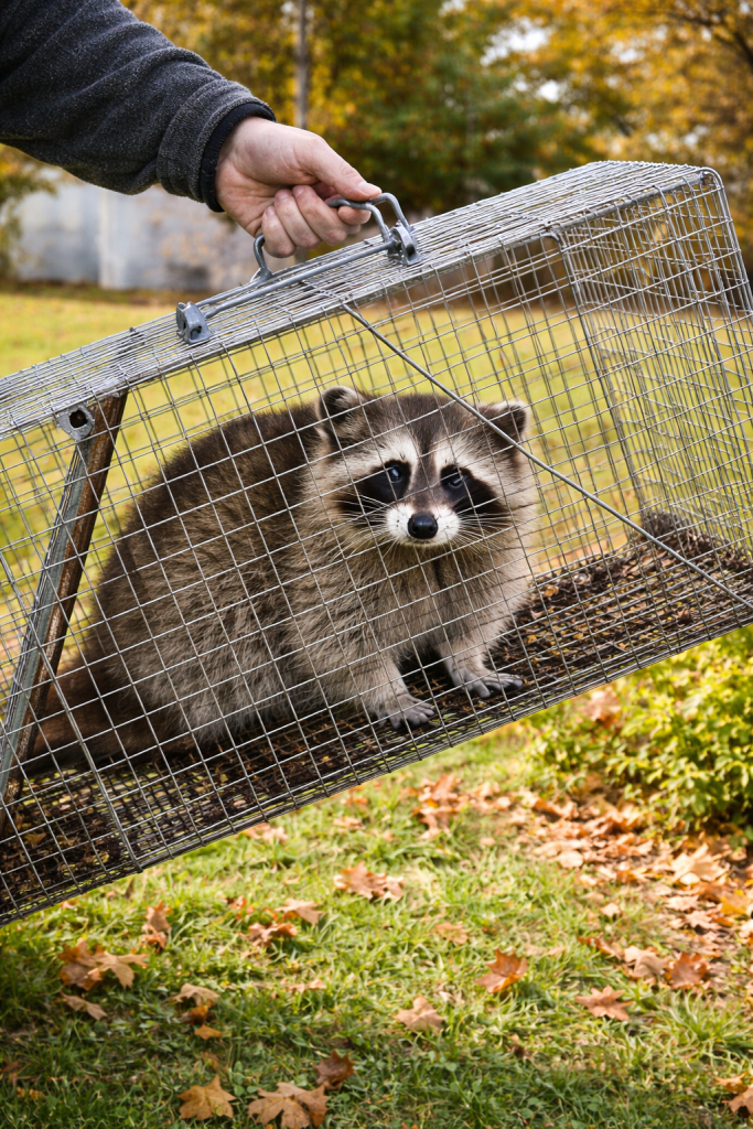 A raccoon caught in a wildlife trap.