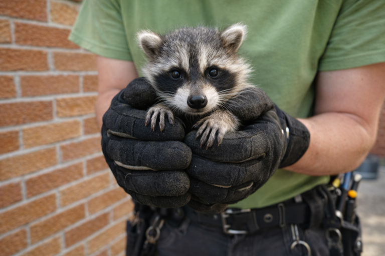 A professional wildlife technician holds a baby raccoon.