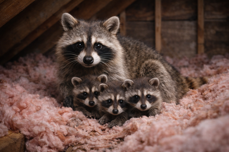 A mother raccoon and her babies nesting in an attic.