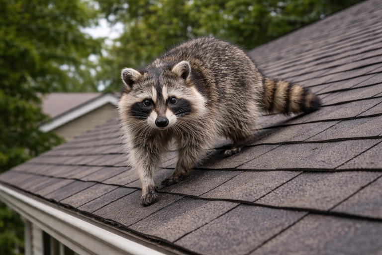 A raccoon walks on the rooftop of a house.