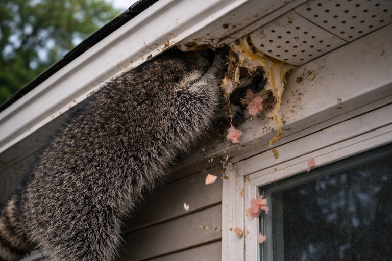 A raccoon creates an entry point to an attic by damaging a soffit.