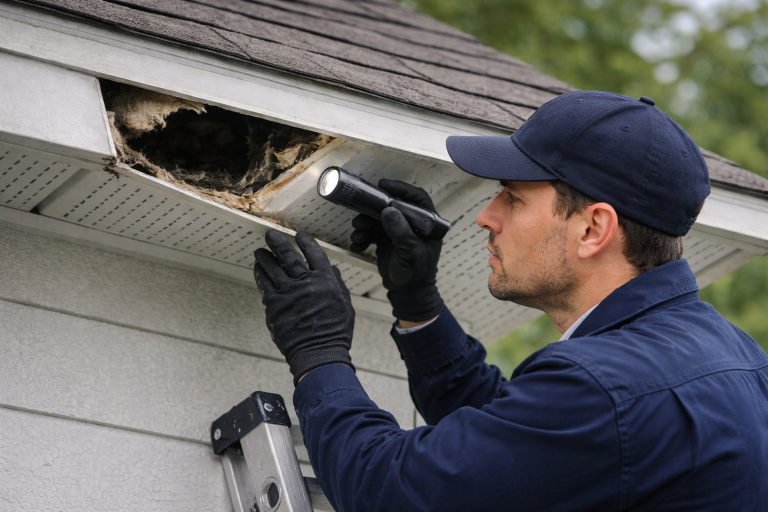 A professional technician inspects a damaged soffit.