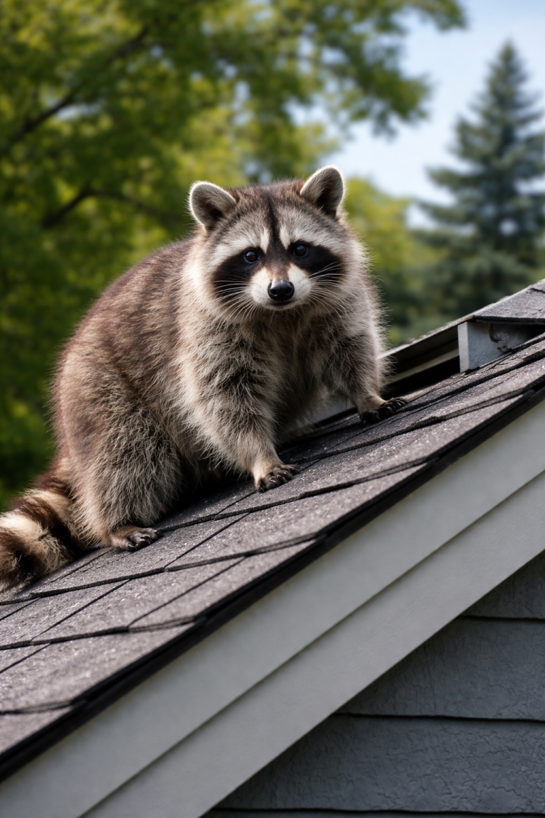 A raccoon sits on the rooftop of a house.
