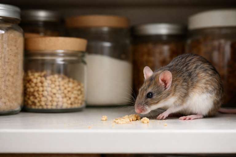 A mouse eats crumbs inside a pantry.