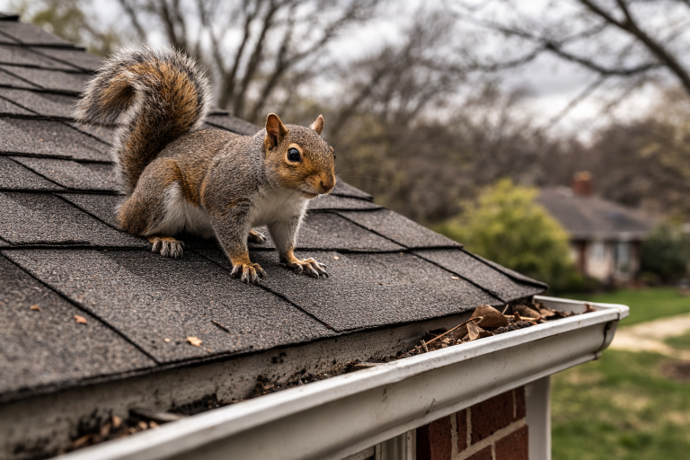 A squirrel on the roof of a house.