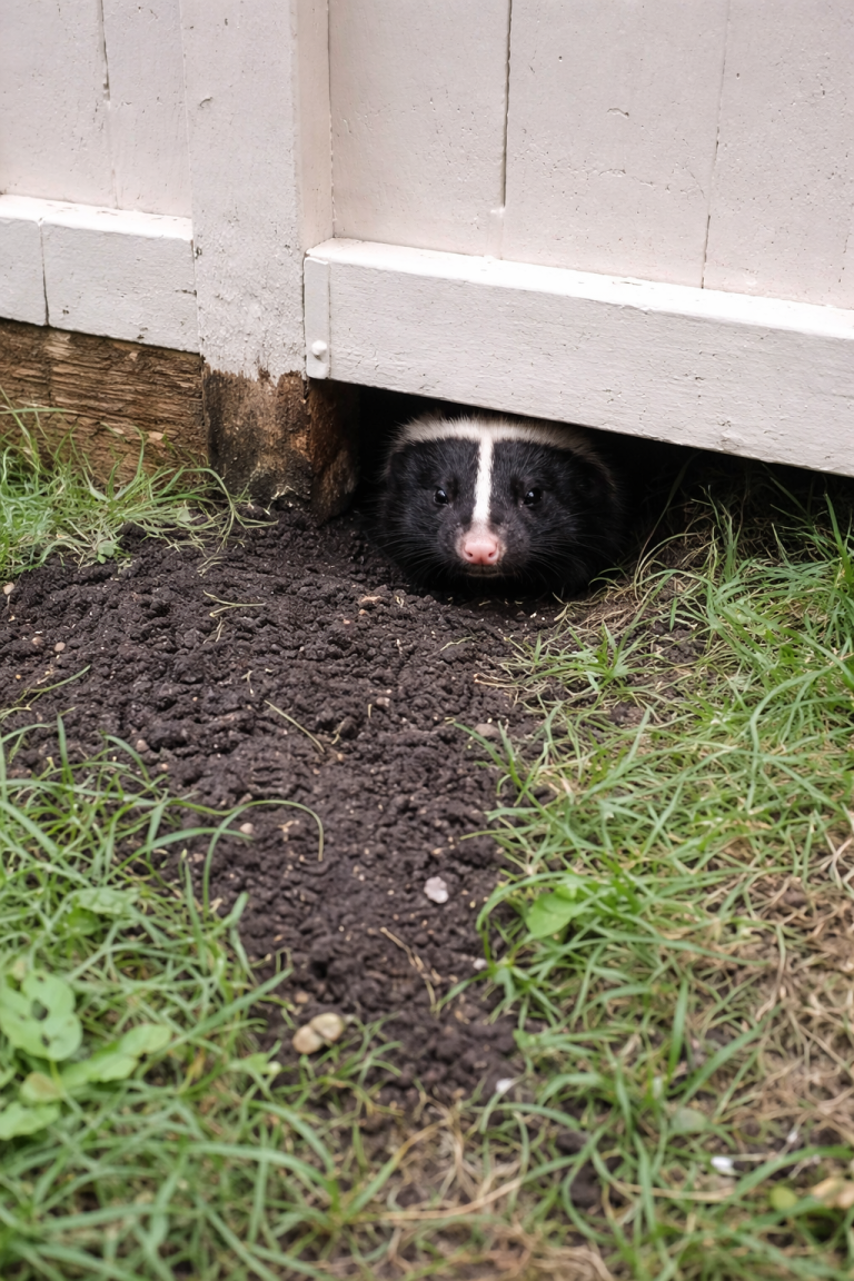 A skunk peeks its head out from a den underneath a shed.