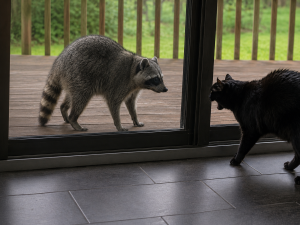 A cat hisses at a raccoon on the other side of a glass door.