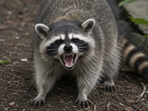 A raccoon hissing towards the camera.