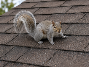 A grey squirrel on the roof of a house.