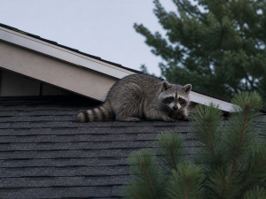 A raccoon on the roof of a house.