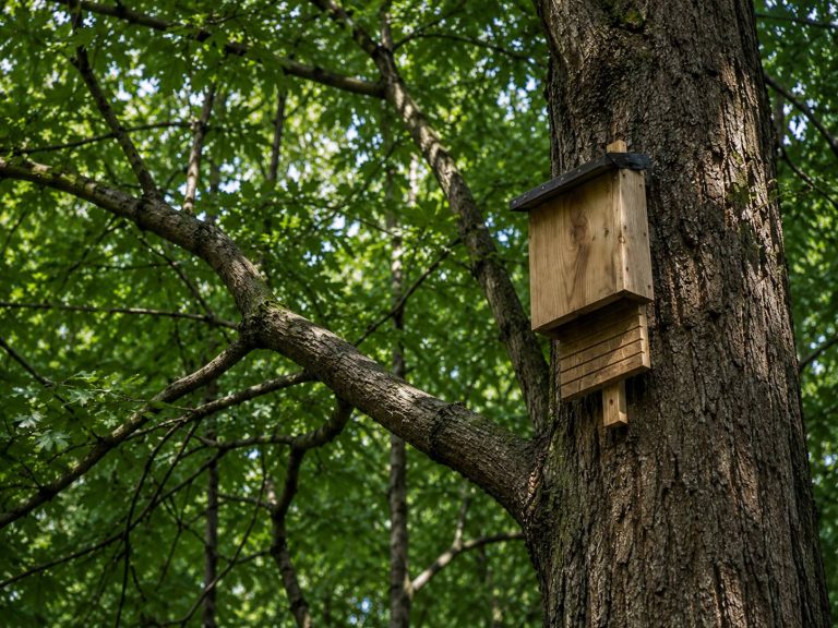 A bat house installed on a tree.