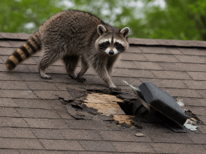 A raccoon beside a damaged roof vent.
