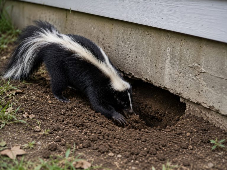 A skunk digging a hole under the foundation of a house.