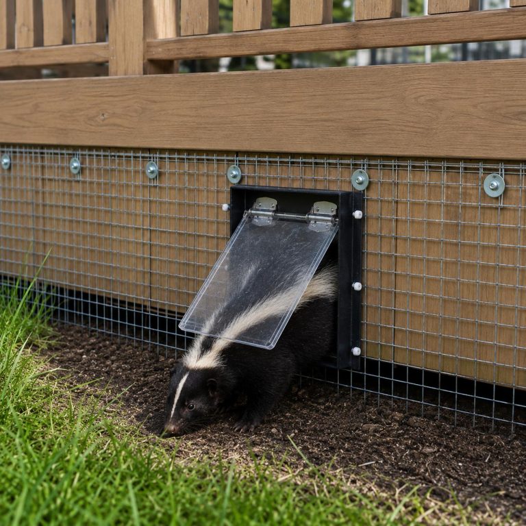 A skunk leaving through a one-way door that is installed on a deck.