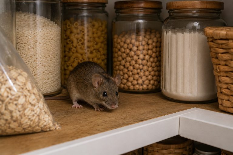 A mouse in a kitchen pantry.