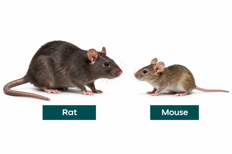 A side by side comparison of a rat and a mouse.