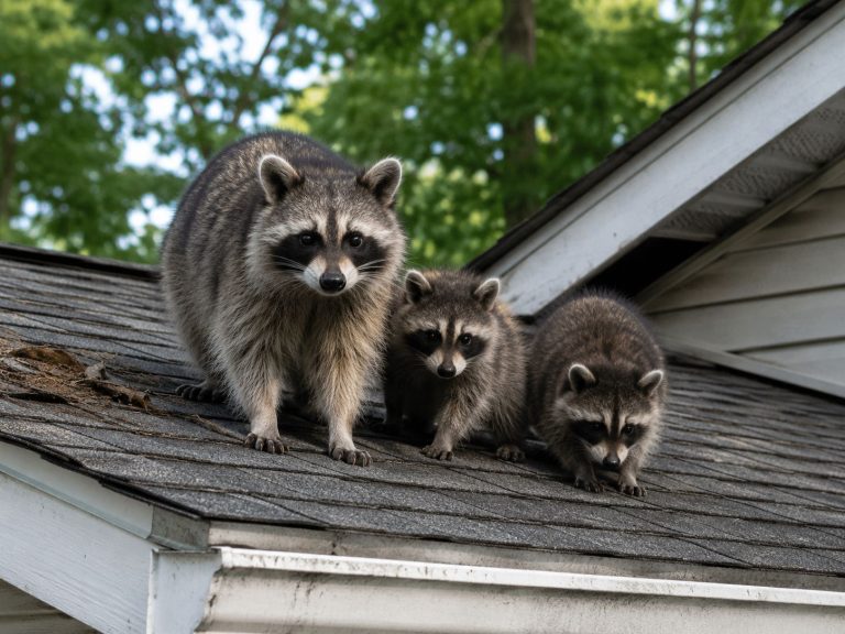 A mother raccoon and her babies on the roof of a house.