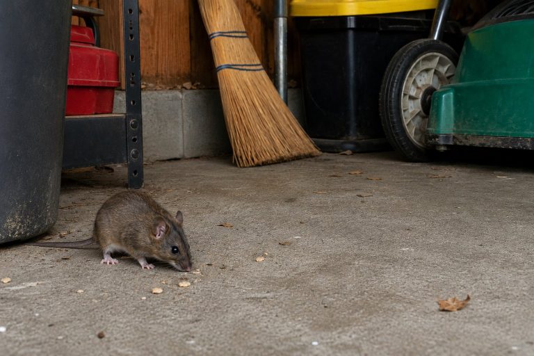 A mouse eating crumbs on a garage floor.