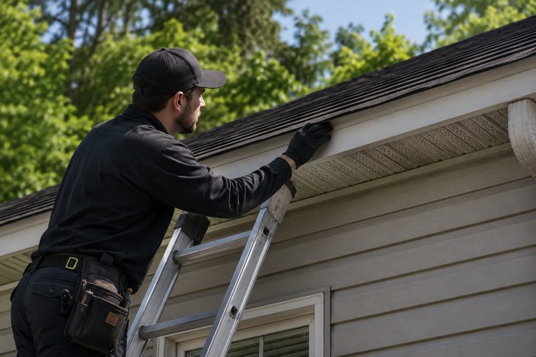 A wildlife technician inspecting a roofline.