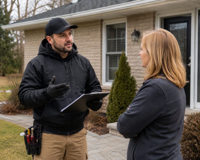 A wildlife technician discusses their findings with a homeowner.