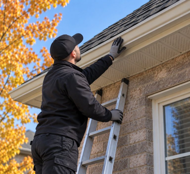 A wildlife technician inspecting the roofline of a house.