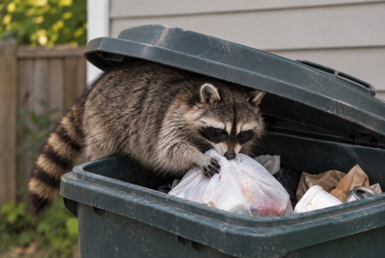 A raccoon in an outdoor garbage can.