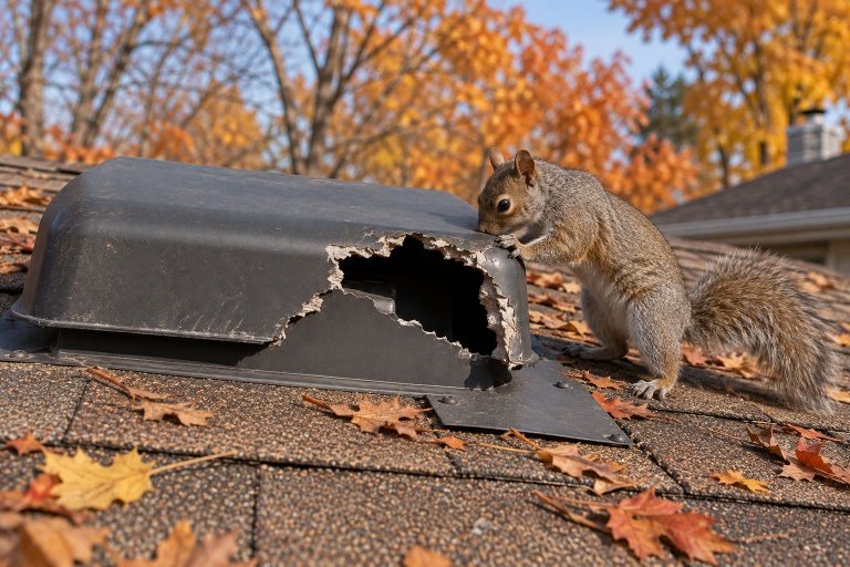 A squirrel investigating a damaged roof vent.