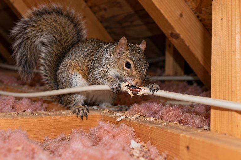 A squirrel chewing a wire in an attic.